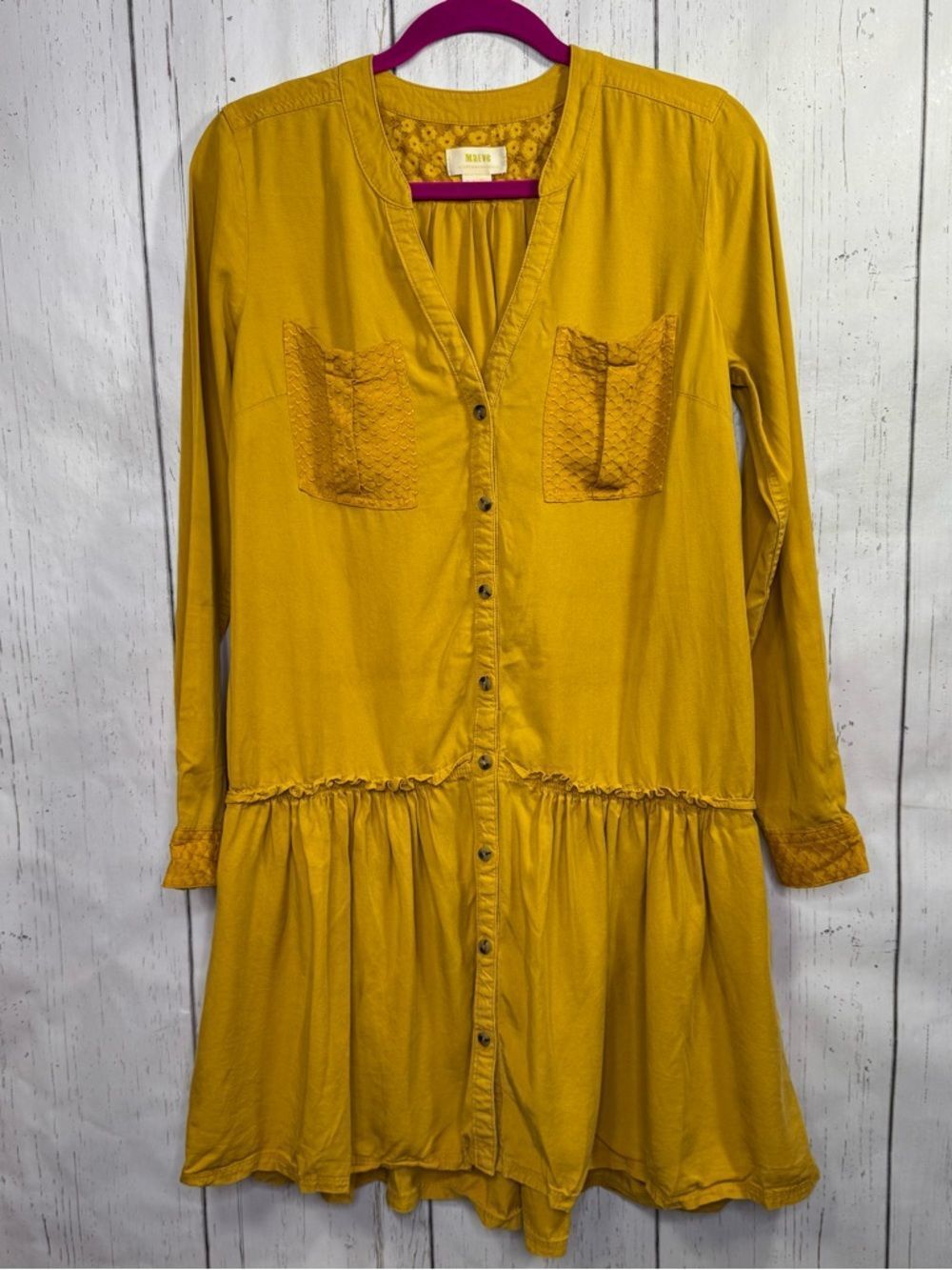 Maeve Anthropologie Mustard Yellow Button Front Dress Size 4 Boho Cottagecore